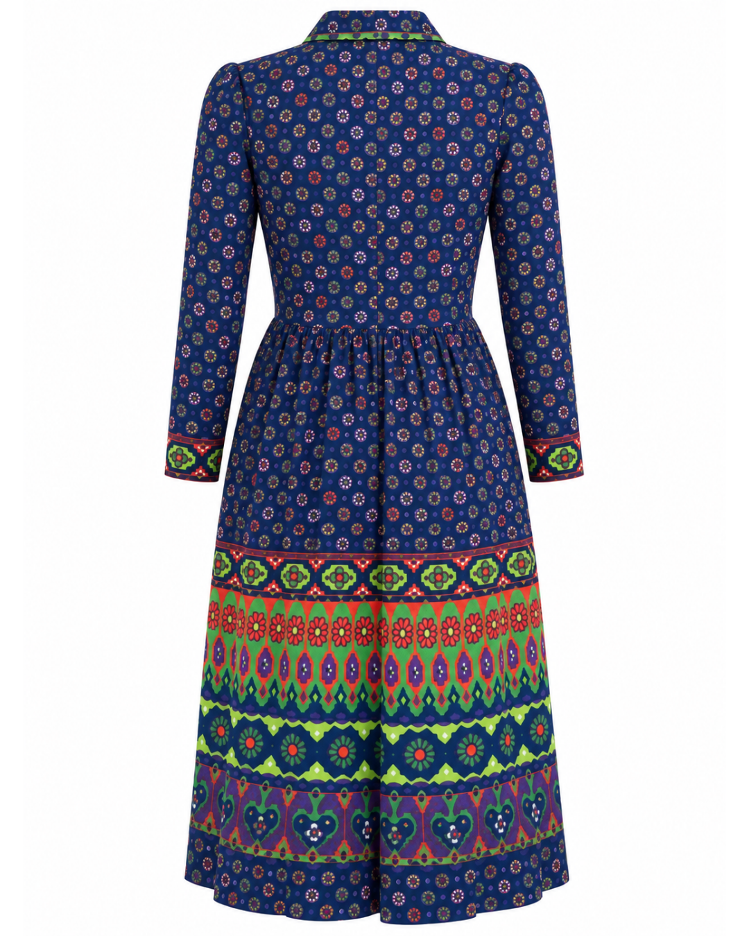 1970s Blue and Green Long Sleeve Dress