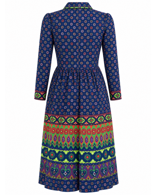 1970s Blue and Green Long Sleeve Dress