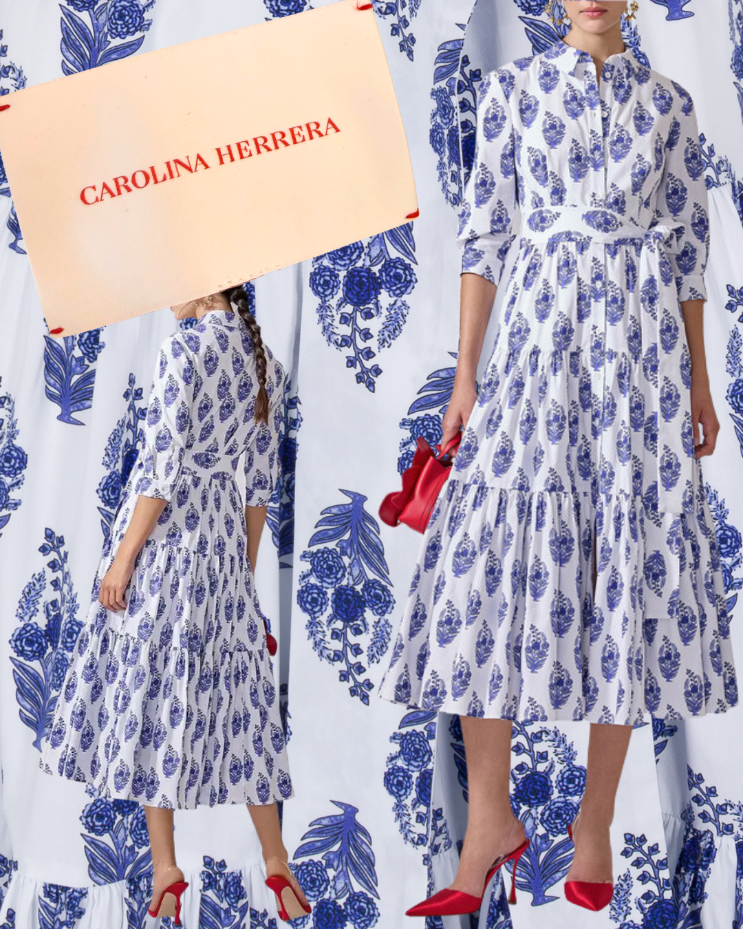 2025 Carolina Herrera Blue and White Floral Midi Dress