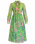 1970s Brenner Couture Green and Pink Long Sleeve Floral Maxi dress