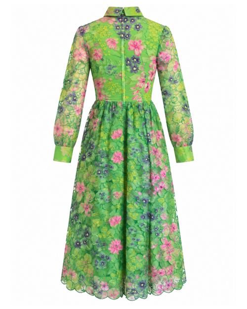 1970s Brenner Couture Green and Pink Long Sleeve Floral Maxi dress