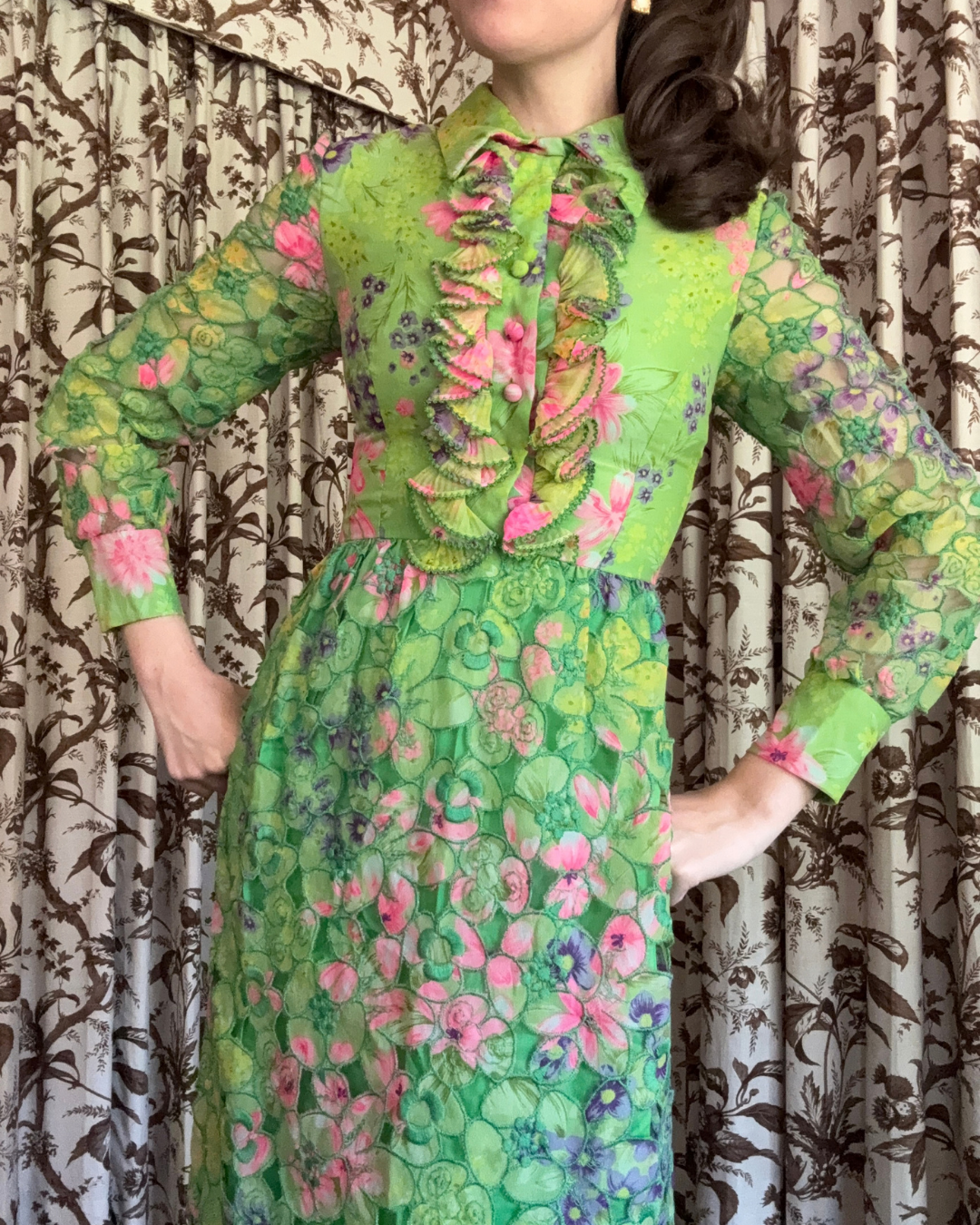 1970s Brenner Couture Green and Pink Long Sleeve Floral Maxi dress