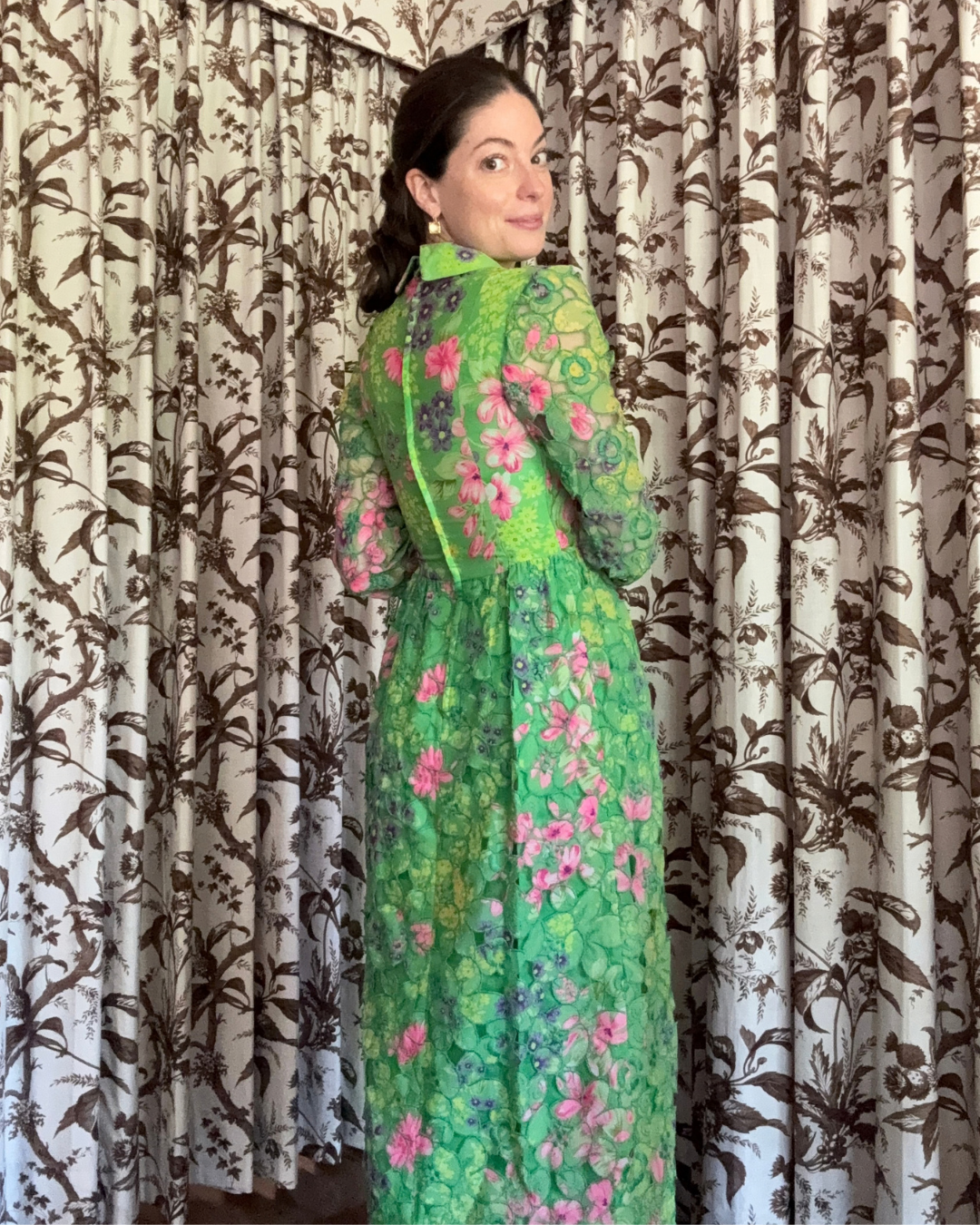 1970s Brenner Couture Green and Pink Long Sleeve Floral Maxi dress