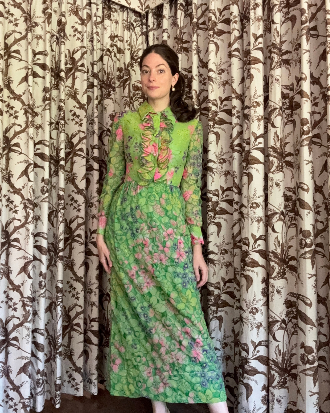 1970s Brenner Couture Green and Pink Long Sleeve Floral Maxi dress