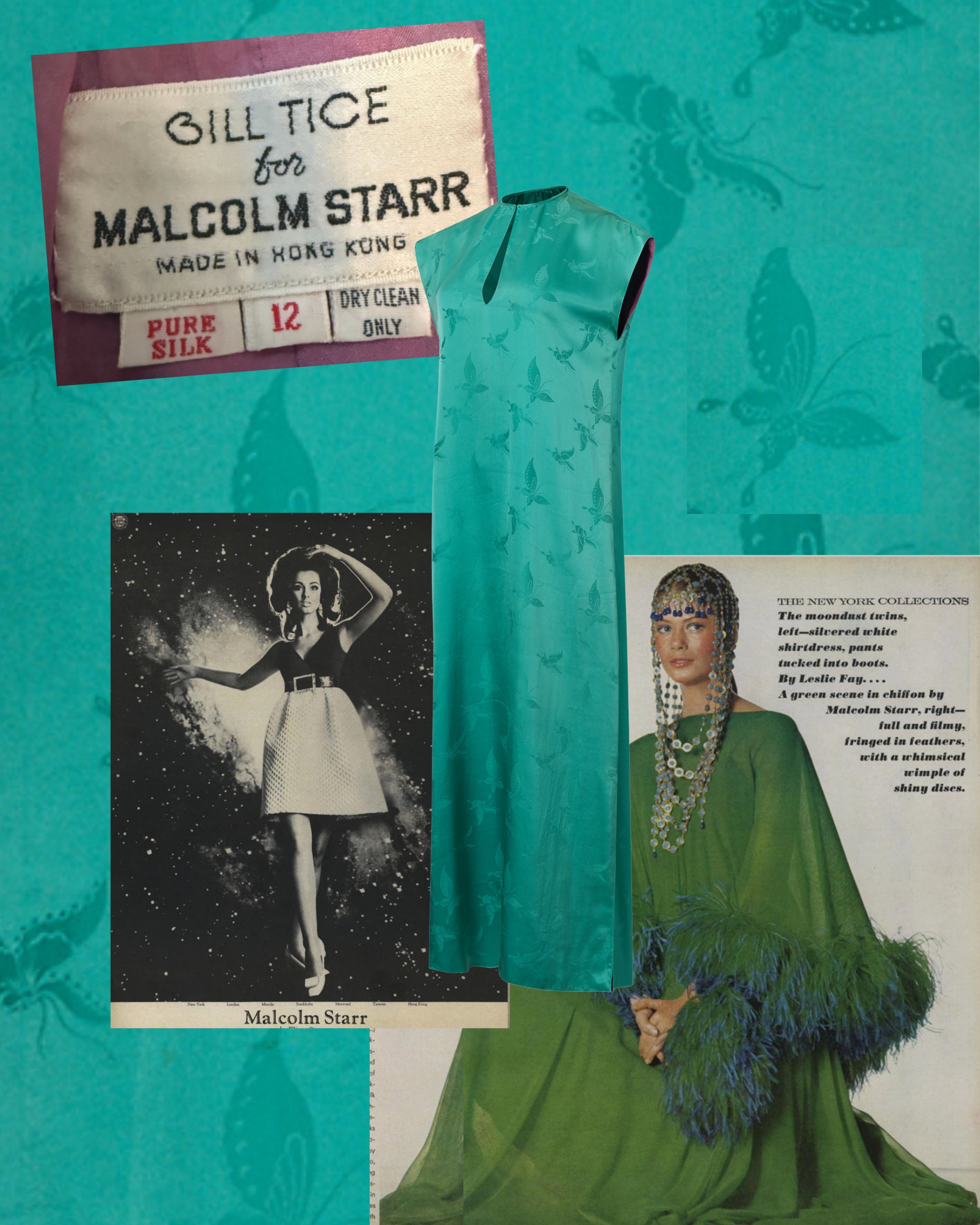 1960s Malcolm Starr Turquoise Butterfly Sleeveless Kaftan Dress