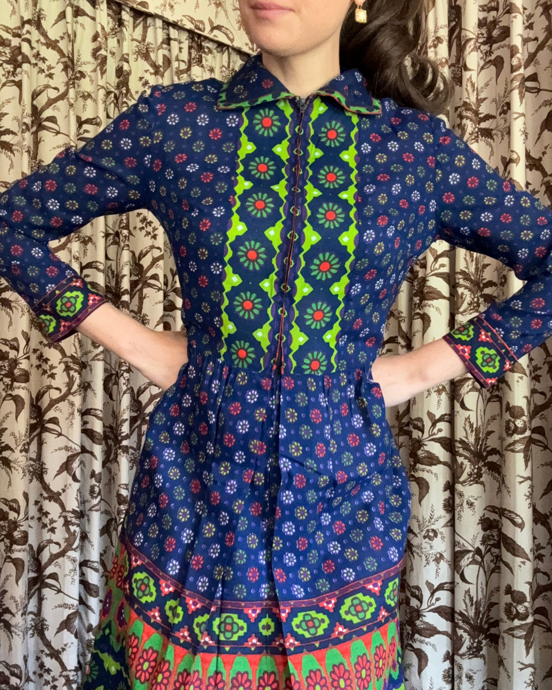 1970s Blue and Green Long Sleeve Dress
