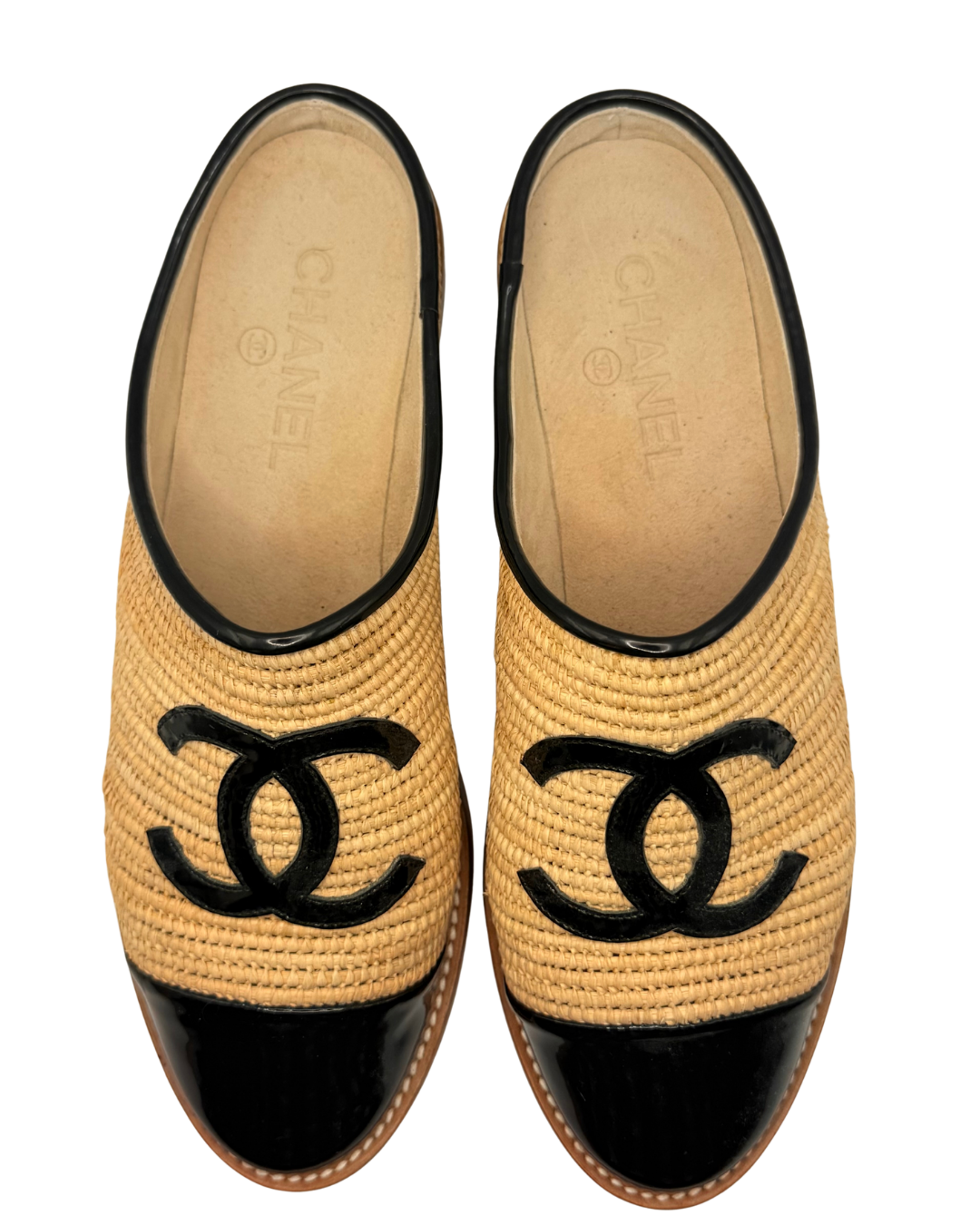 c. 2019s Chanel Raffia and Patent Leather Slides