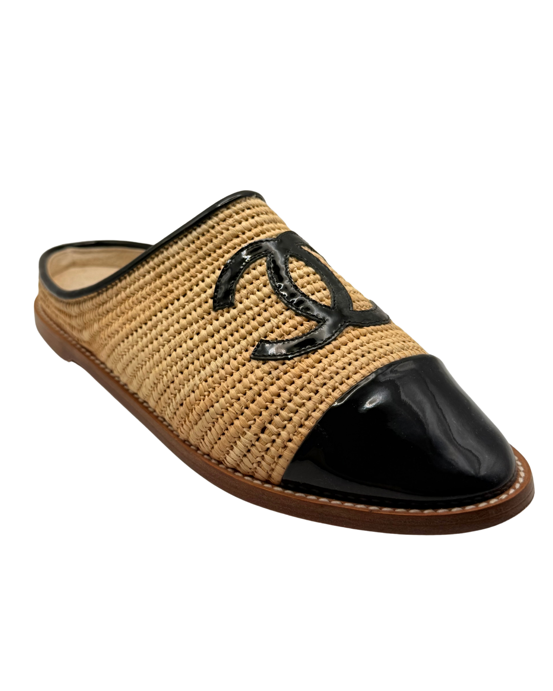 c. 2019s Chanel Raffia and Patent Leather Slides