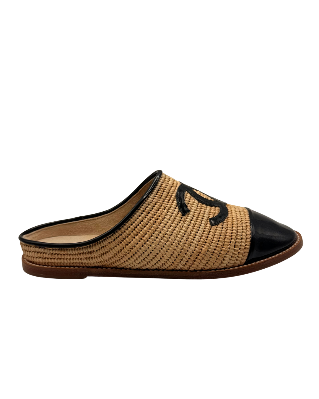c. 2019s Chanel Raffia and Patent Leather Slides