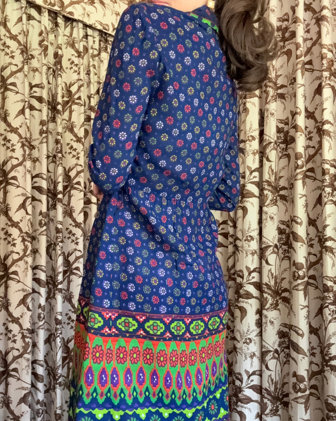 1970s Blue and Green Long Sleeve Dress