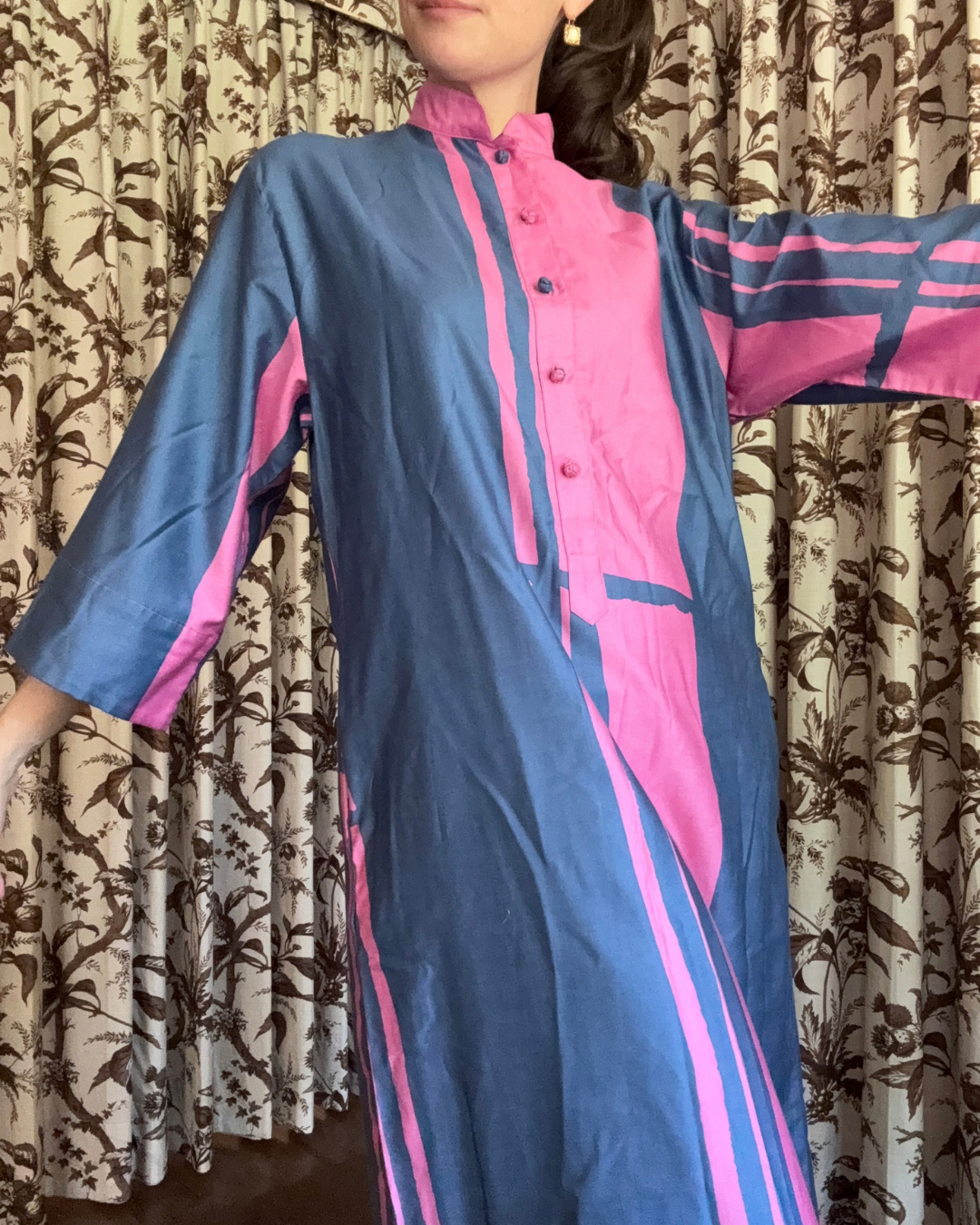 1980s Penthouse Gallery Blue and Pink Midi Dress