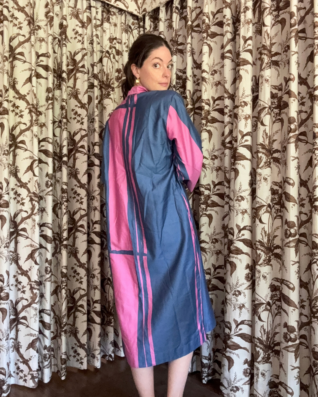 1980s Penthouse Gallery Blue and Pink Midi Dress