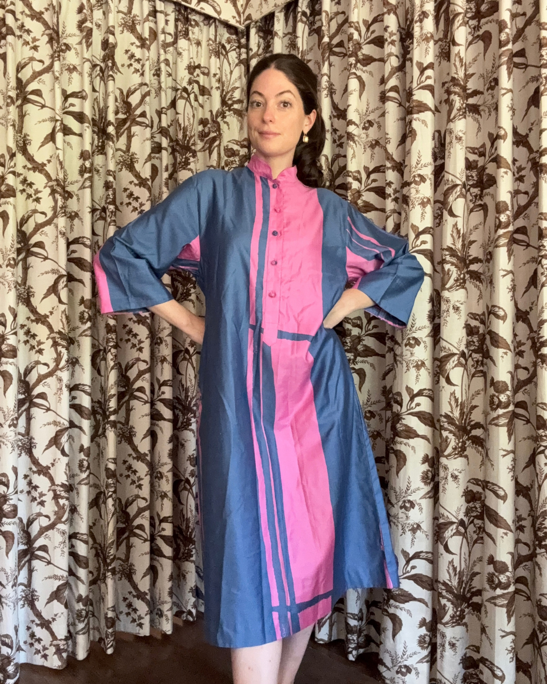 1980s Penthouse Gallery Blue and Pink Midi Dress