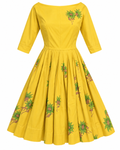 1950s Hand-Painted Marigold Knee-Length Dress