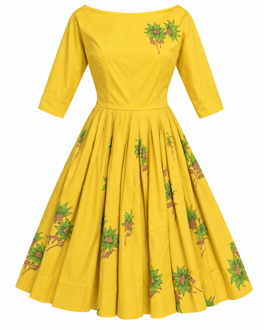 1950s Hand-Painted Marigold Knee-Length Dress