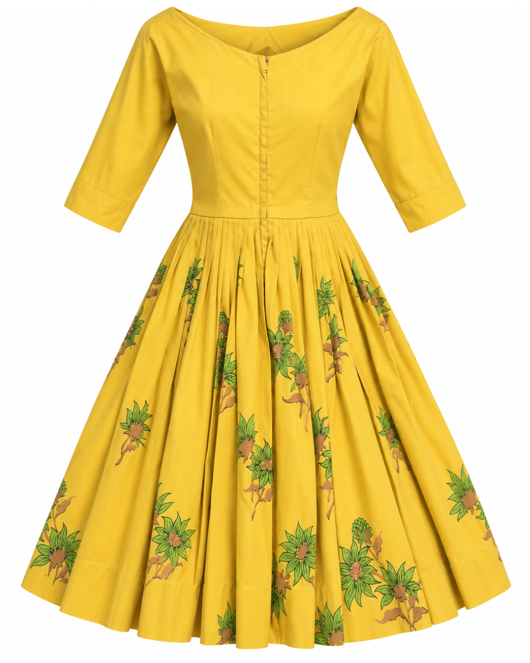 1950s Hand-Painted Marigold Knee-Length Dress