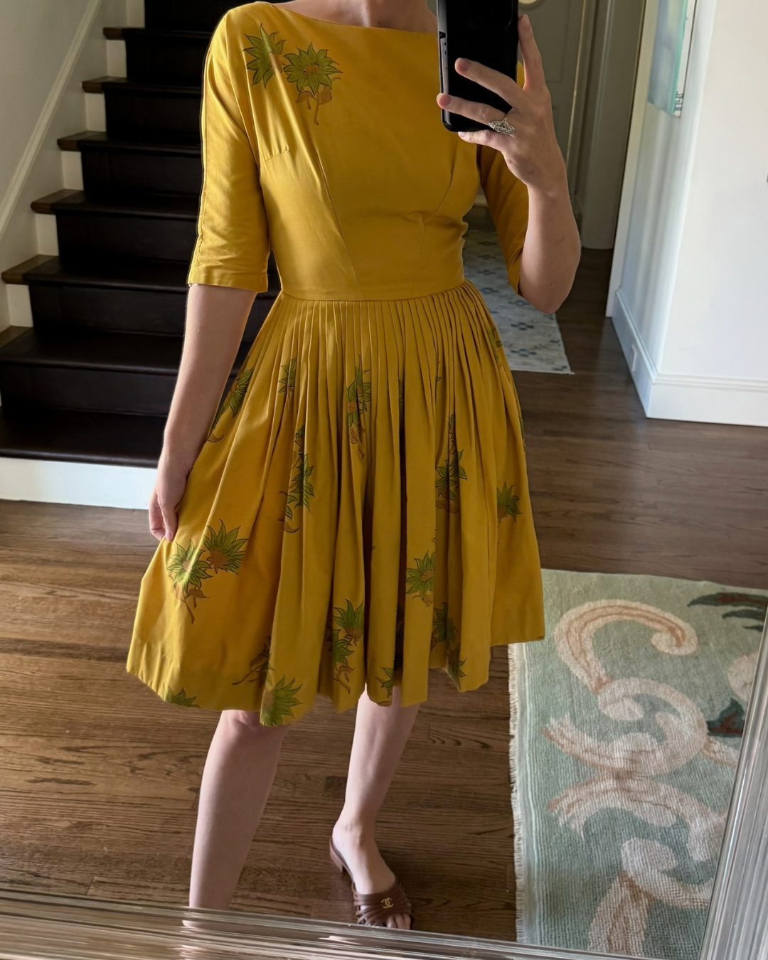 1950s Hand-Painted Marigold Knee-Length Dress