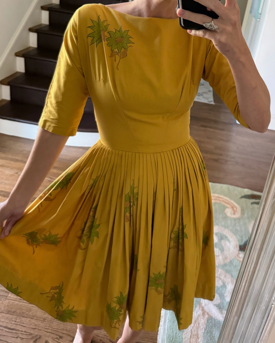 1950s Hand-Painted Marigold Knee-Length Dress