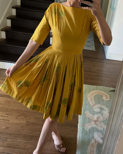 1950s Hand-Painted Marigold Knee-Length Dress