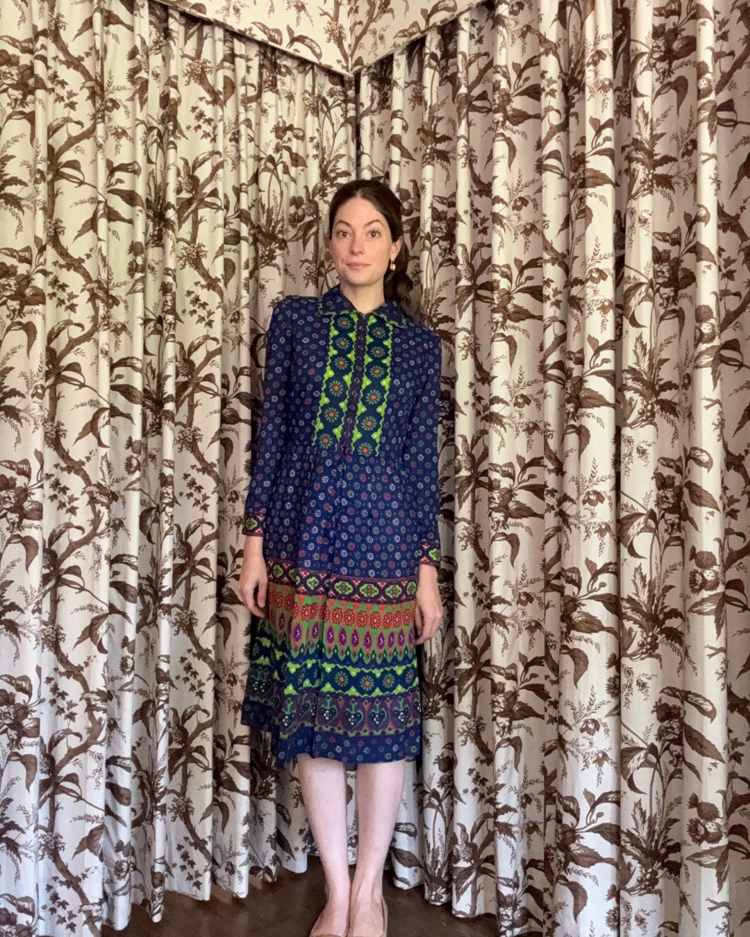 1970s Blue and Green Long Sleeve Dress
