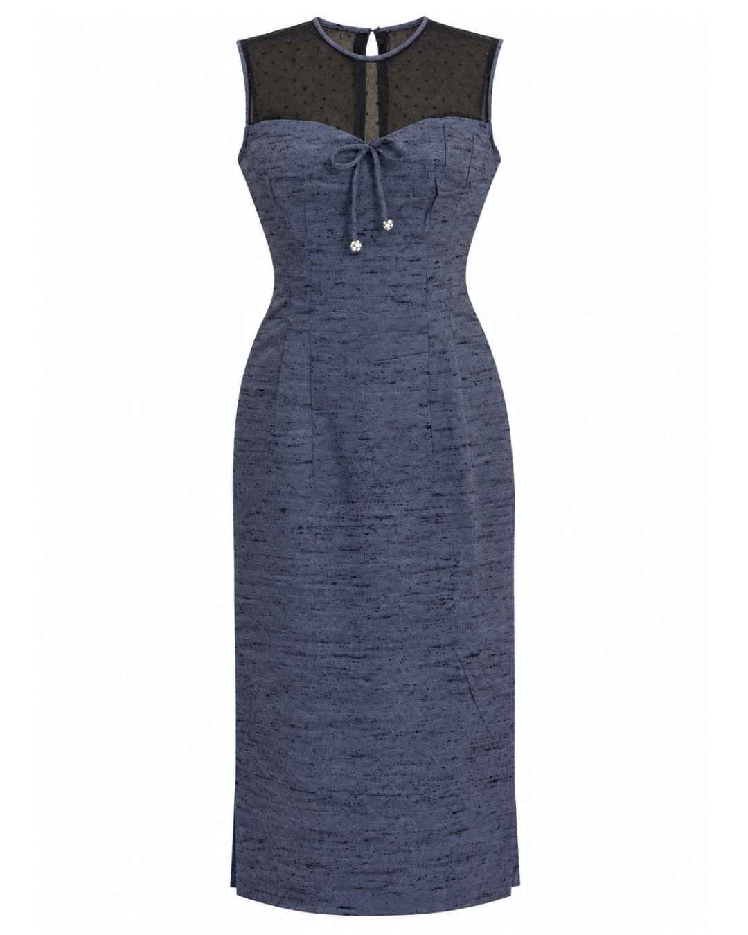 1950s Black and Blue Silk Sheath Midi Dress