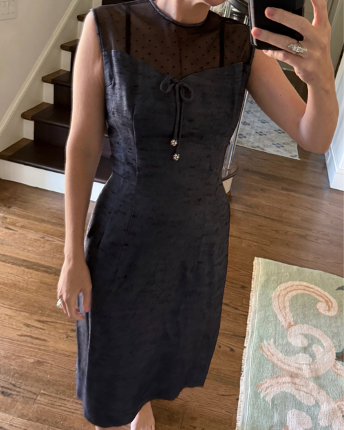 1950s Black and Blue Silk Sheath Midi Dress