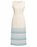 1960s Miss Couture White Knee-Length Dress with Blue Fringe Hem