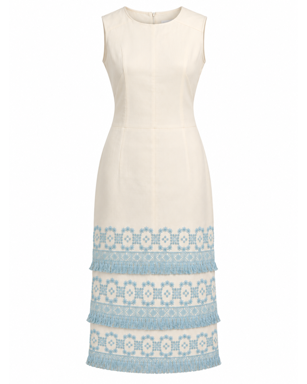 1960s Miss Couture White Knee-Length Dress with Blue Fringe Hem