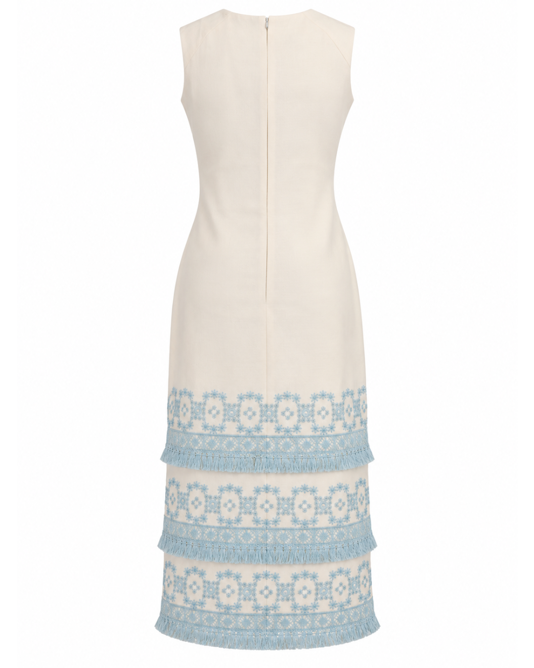1960s Miss Couture White Knee-Length Dress with Blue Fringe Hem
