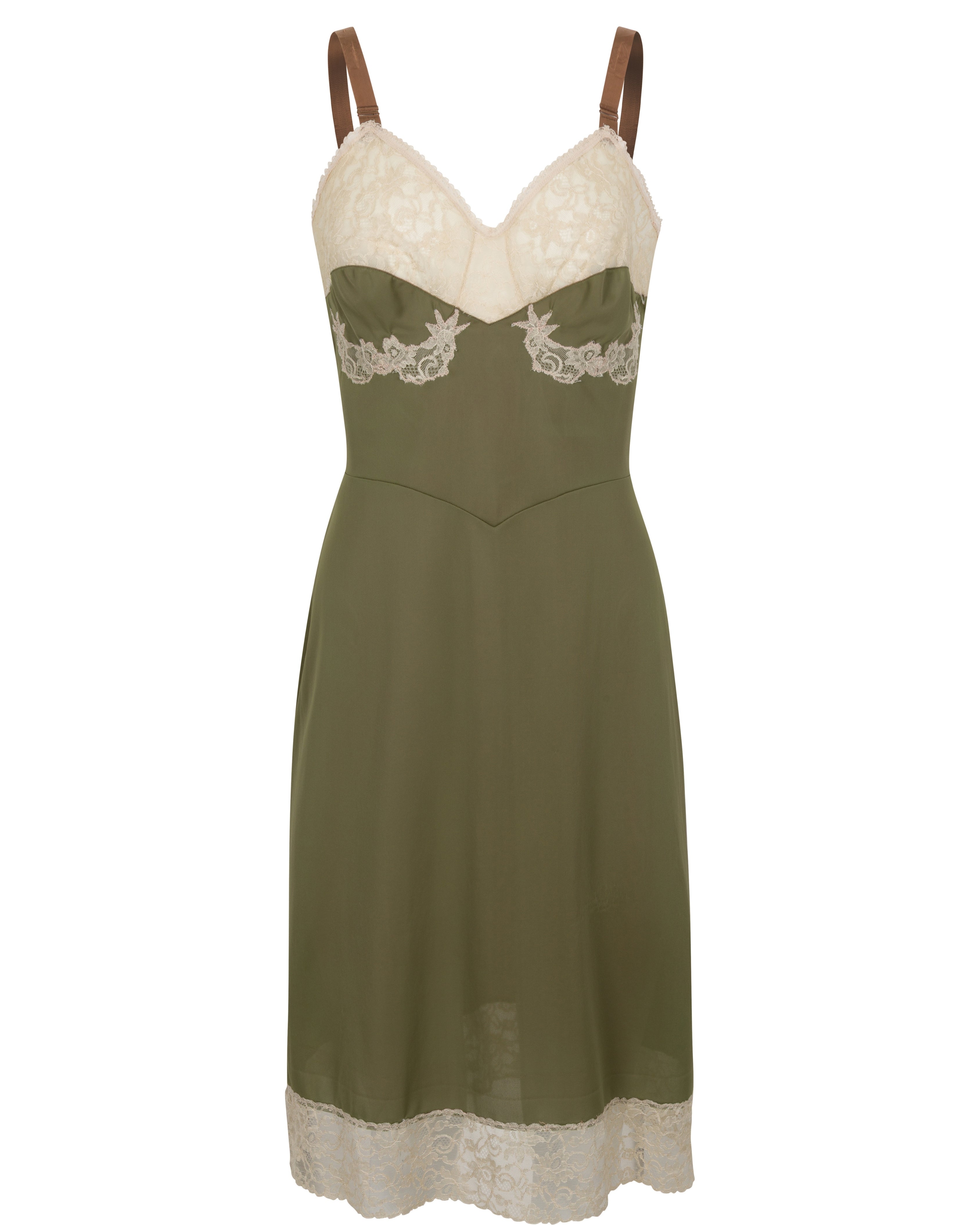 c. 1940s Olive Green Lace Slip Dress