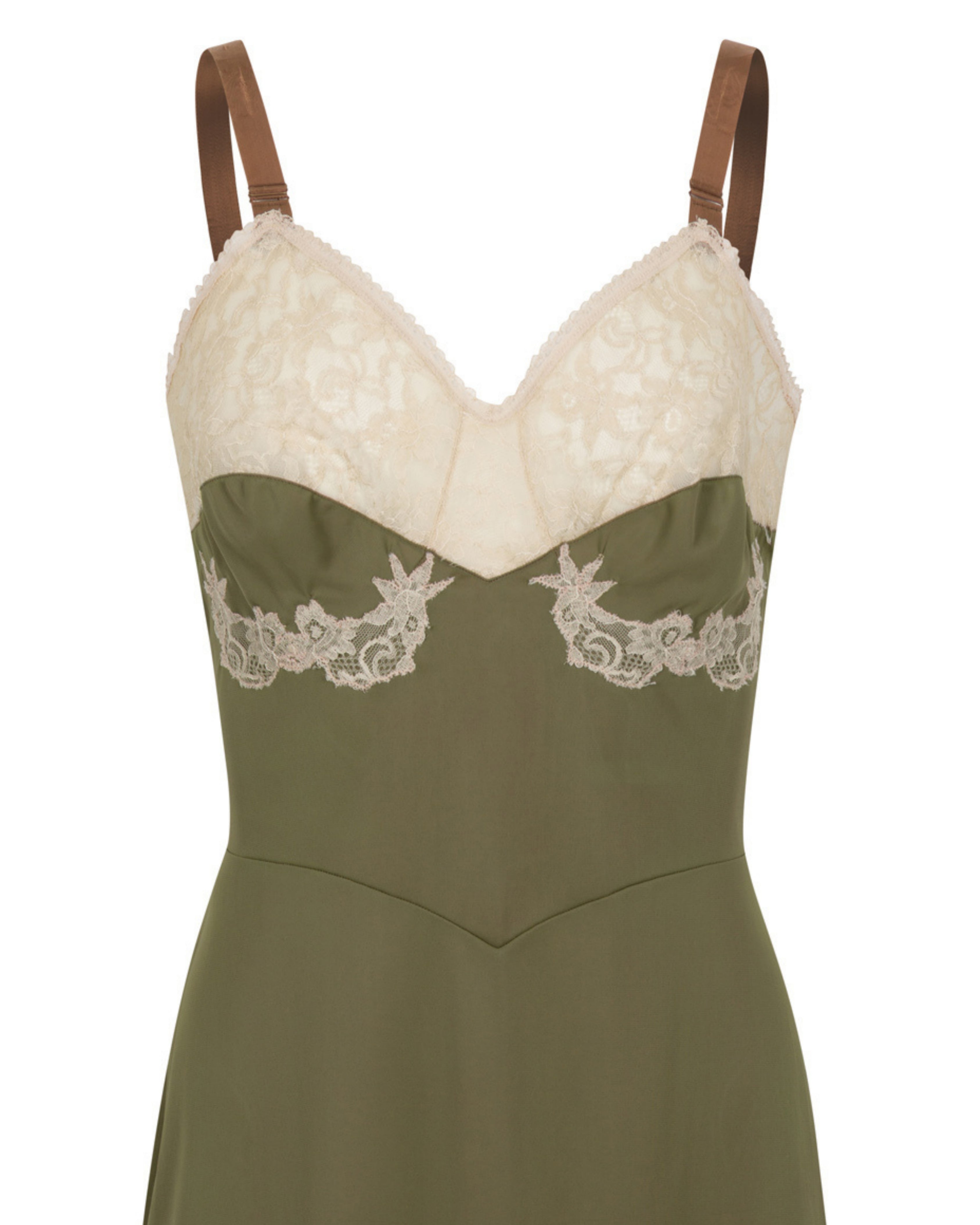 c. 1940s Olive Green Lace Slip Dress