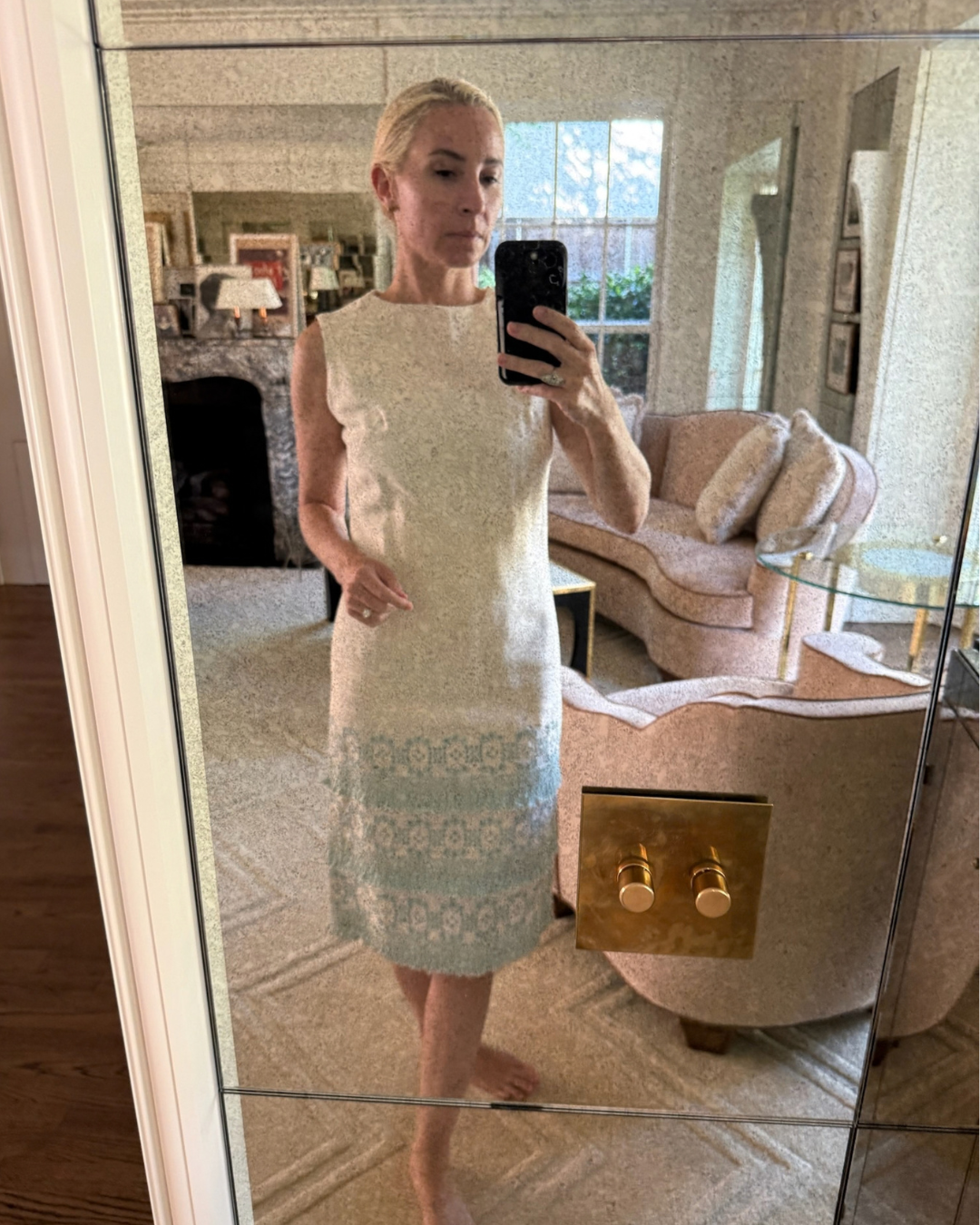 1960s Miss Couture White Knee-Length Dress with Blue Fringe Hem