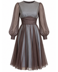 1970s Sheer Blue and Brown Long Sleeve Midi Dress