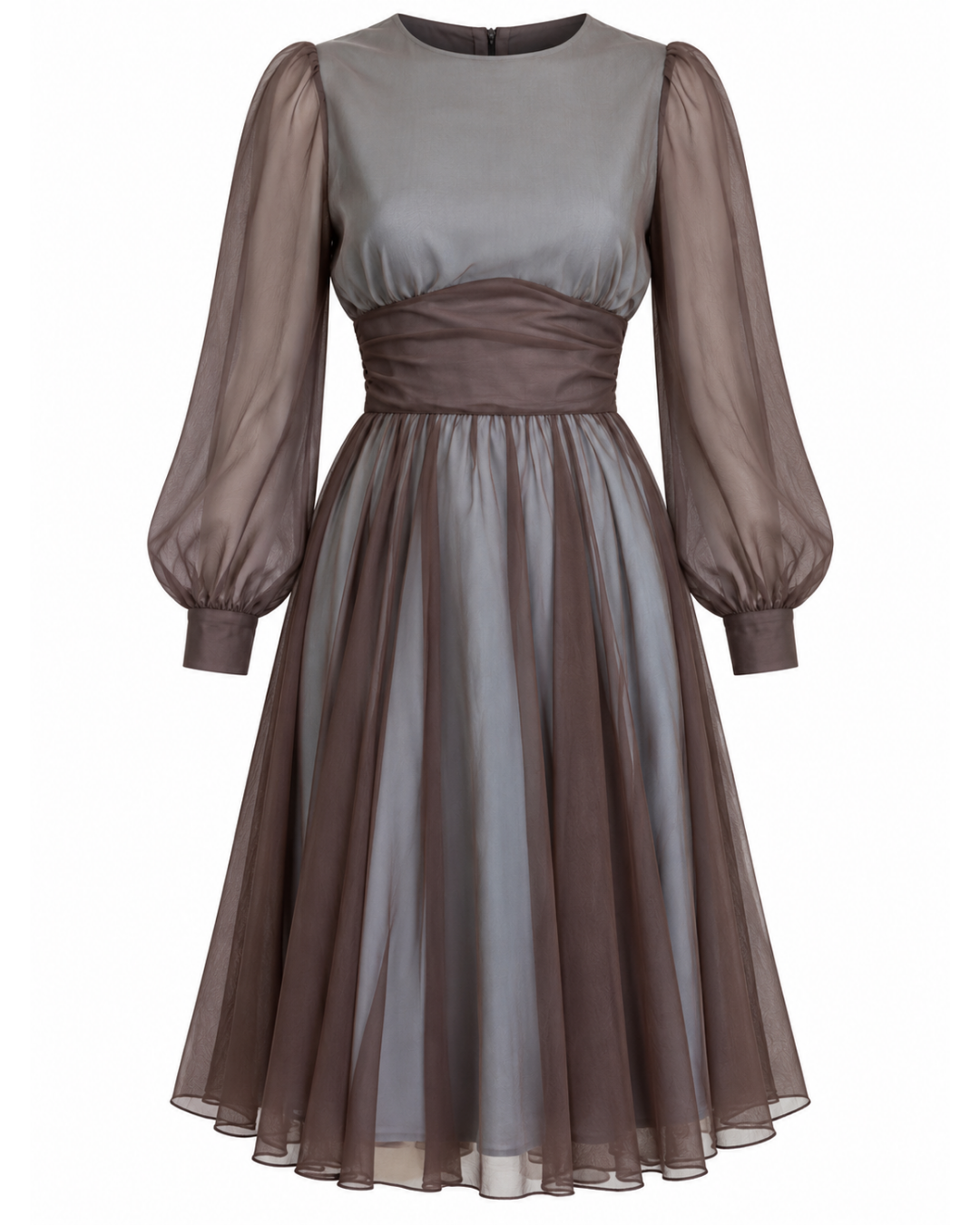 1970s Sheer Blue and Brown Long Sleeve Midi Dress