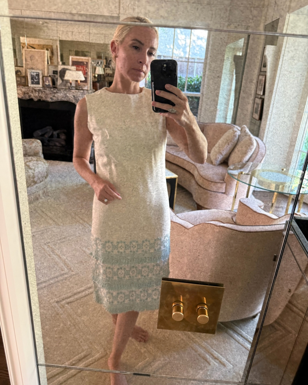 1960s Miss Couture White Knee-Length Dress with Blue Fringe Hem