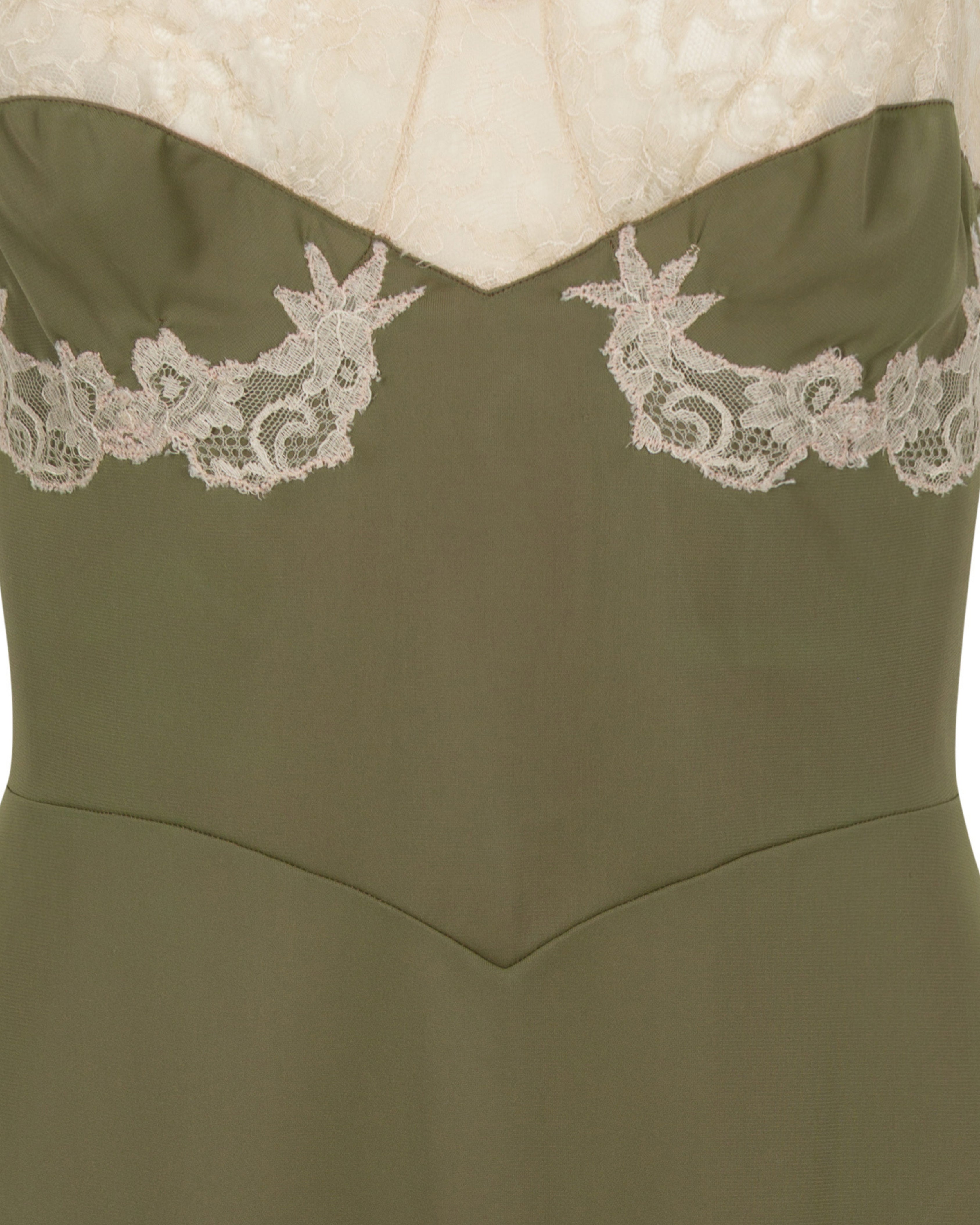 c. 1940s Olive Green Lace Slip Dress