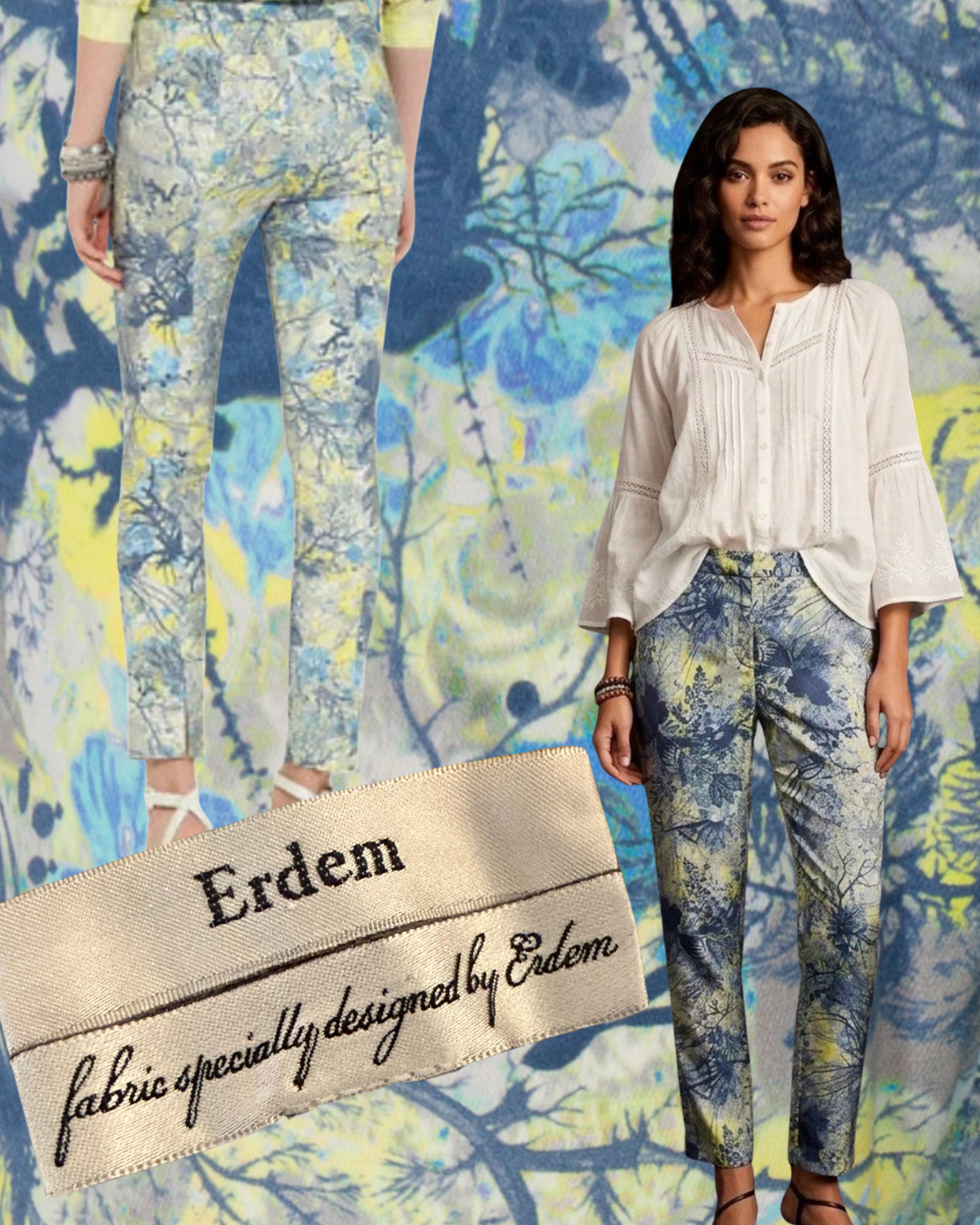 2010s Erdem Blue and Yellow Floral Pants