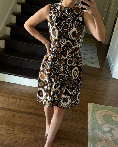 1960/70s Lanz Original Brown, Black, and White Floral Mini Dress