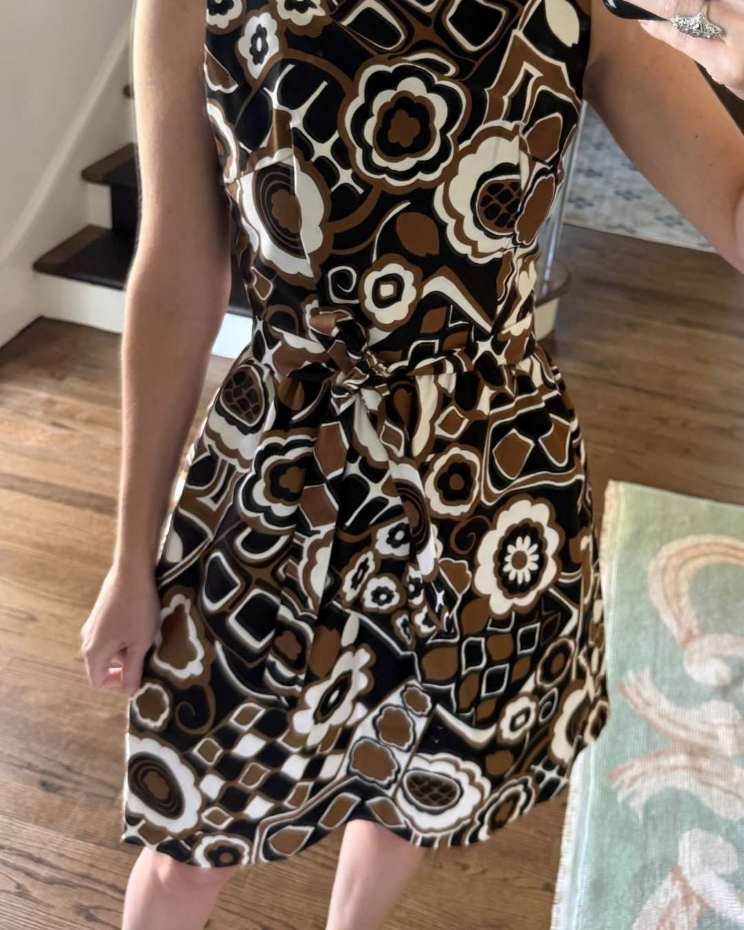 1960/70s Lanz Original Brown, Black, and White Floral Mini Dress