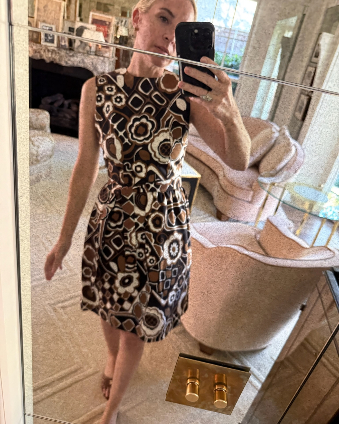 1960/70s Lanz Original Brown, Black, and White Floral Mini Dress