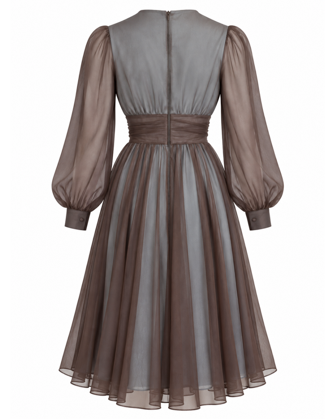1970s Sheer Blue and Brown Long Sleeve Midi Dress