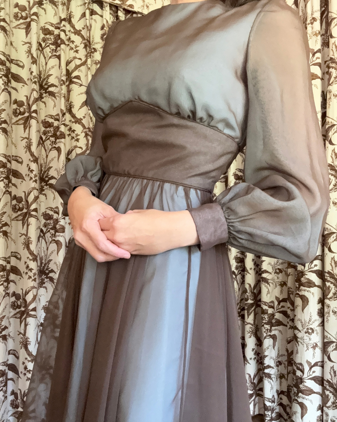 1970s Sheer Blue and Brown Long Sleeve Midi Dress
