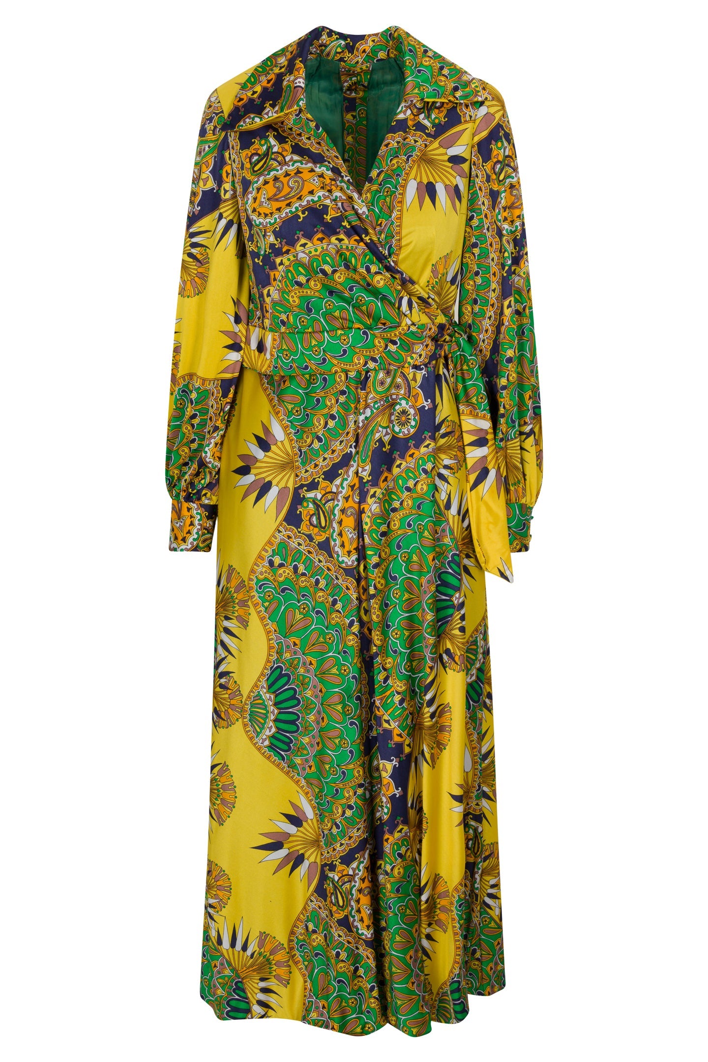 ’70s Yellow and Green Paisley Wrap Dress