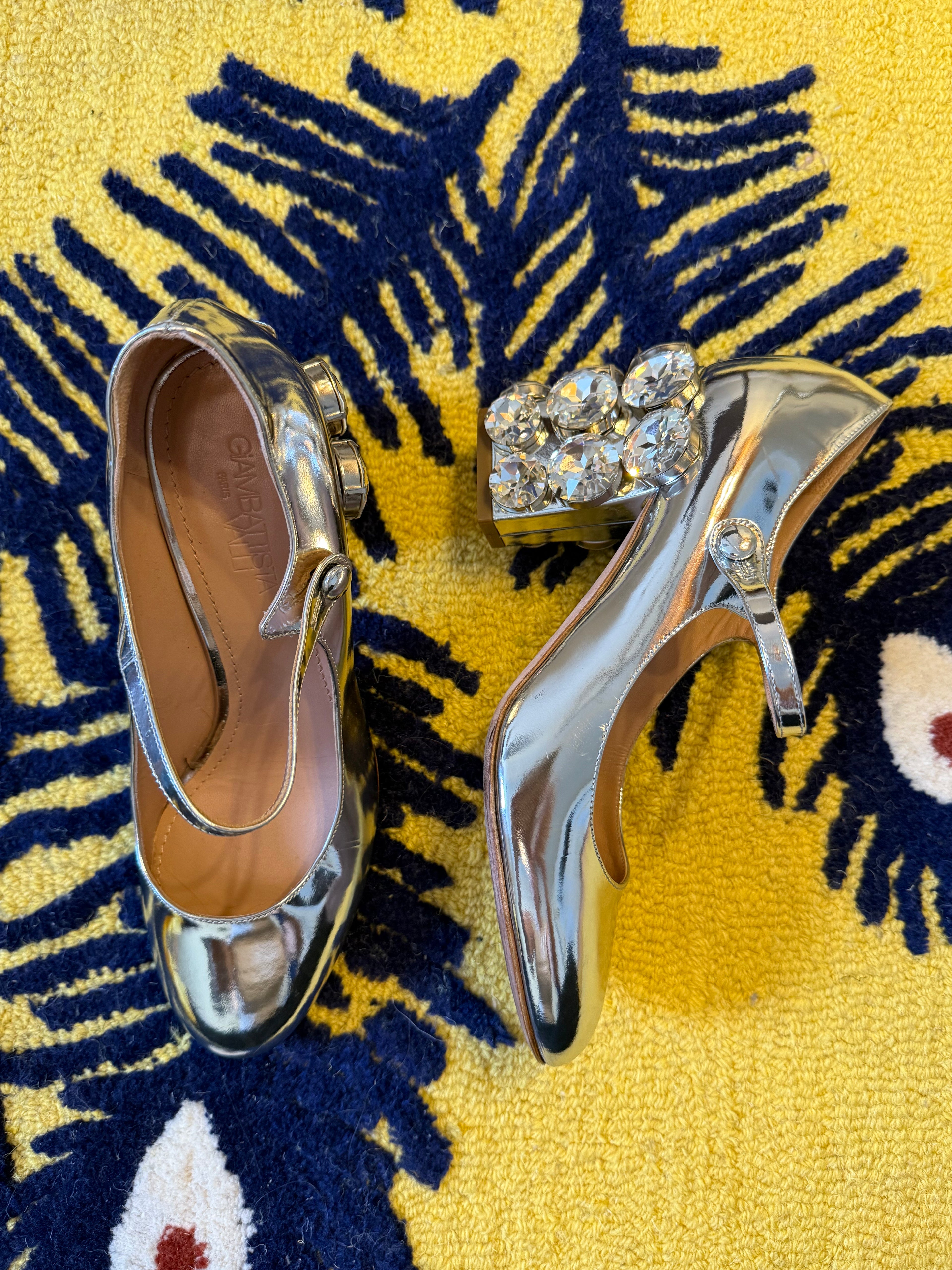 Giambattista Valli Paris Metallic Silver Chunky Mary Jane Heels