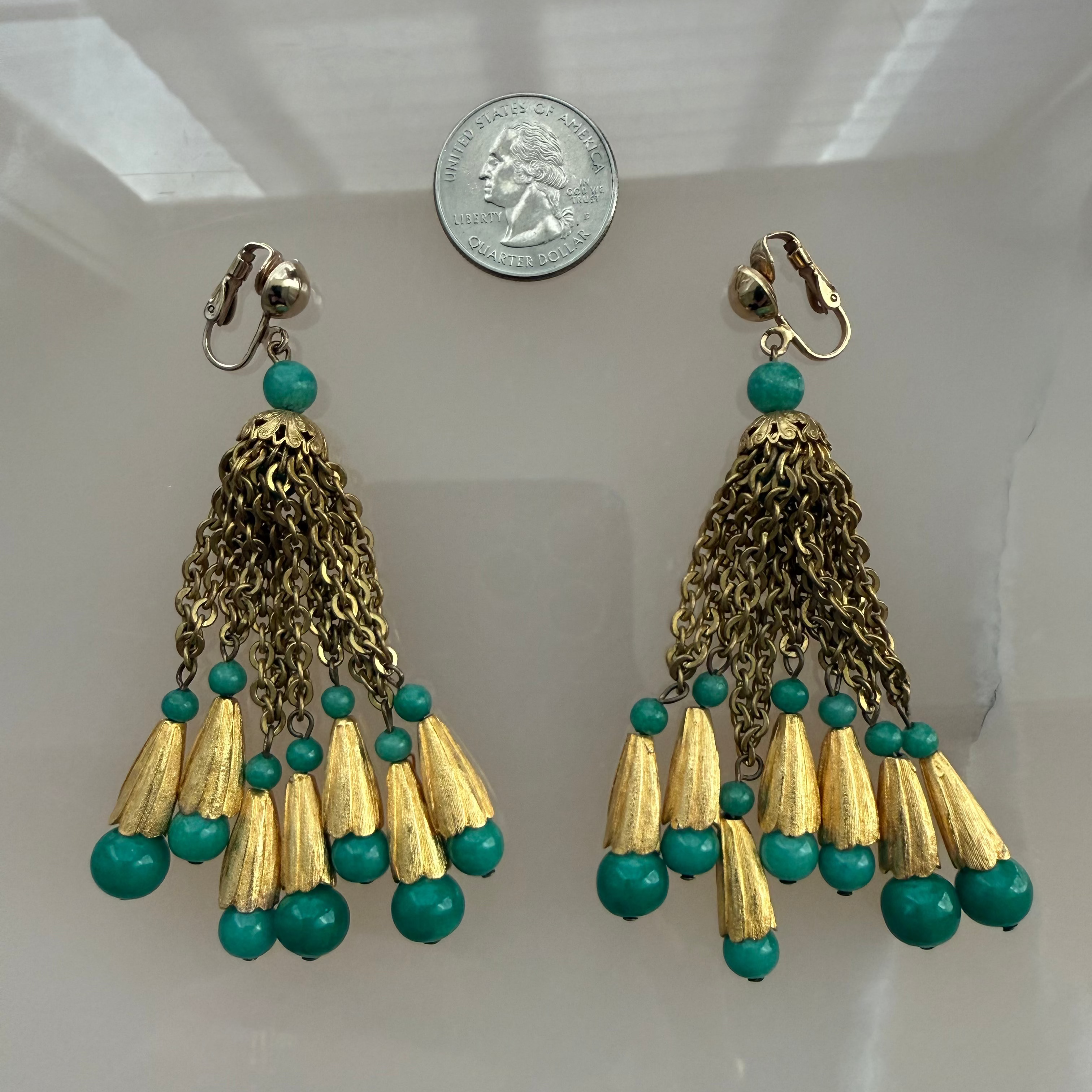 Mid-Late 20th-Century Jade and Gold Tassel Earrings