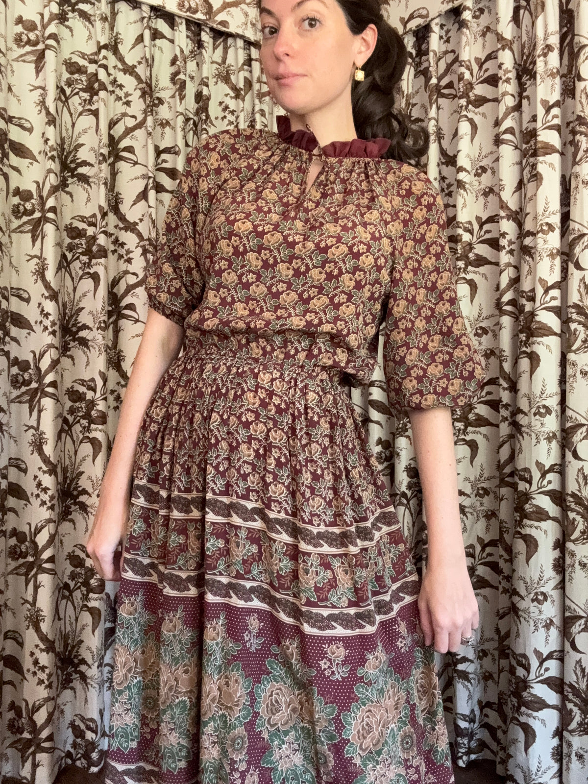 1970s Burgundy Floral Dress