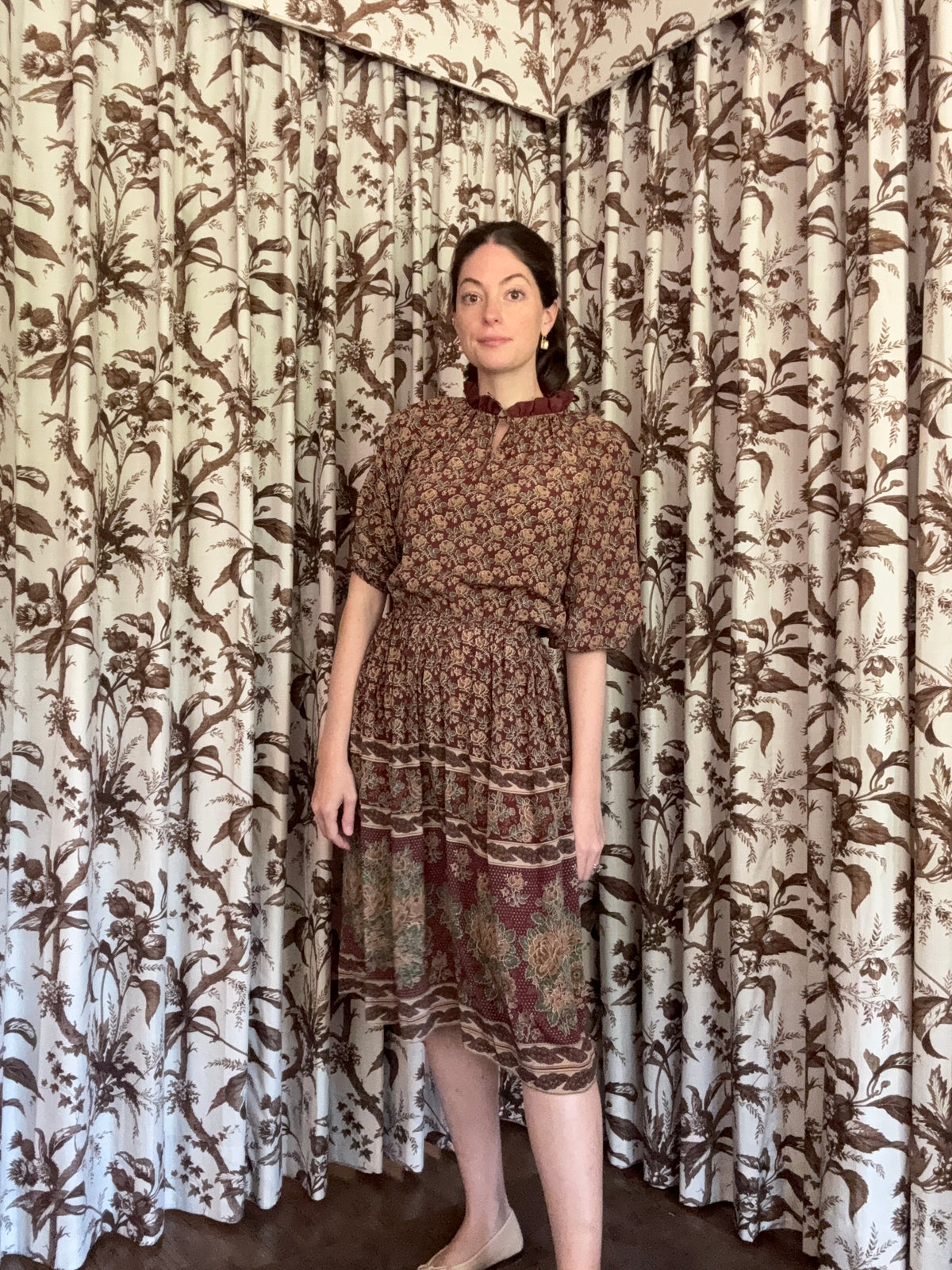 1970s Burgundy Floral Dress