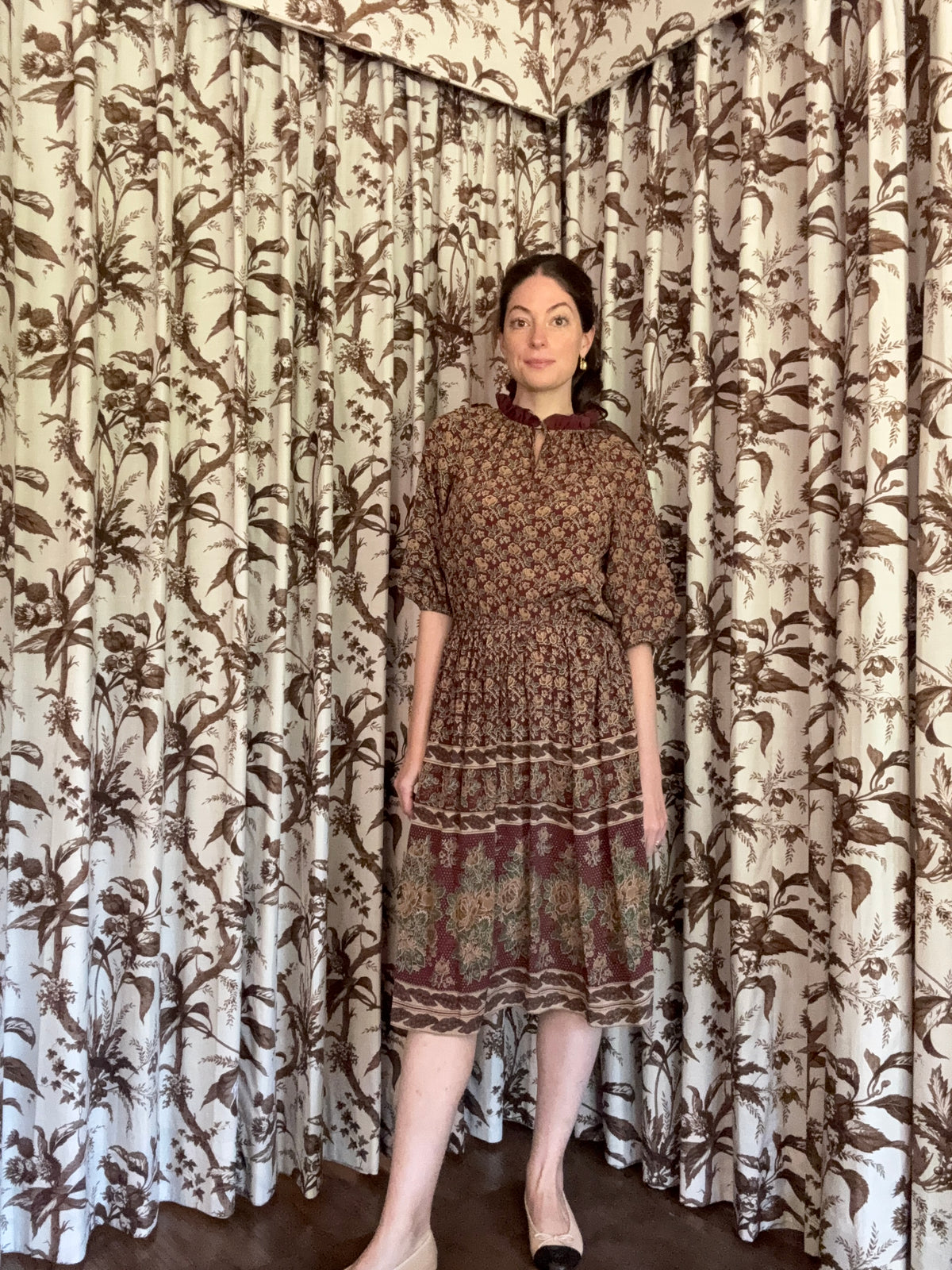 1970s Burgundy Floral Dress