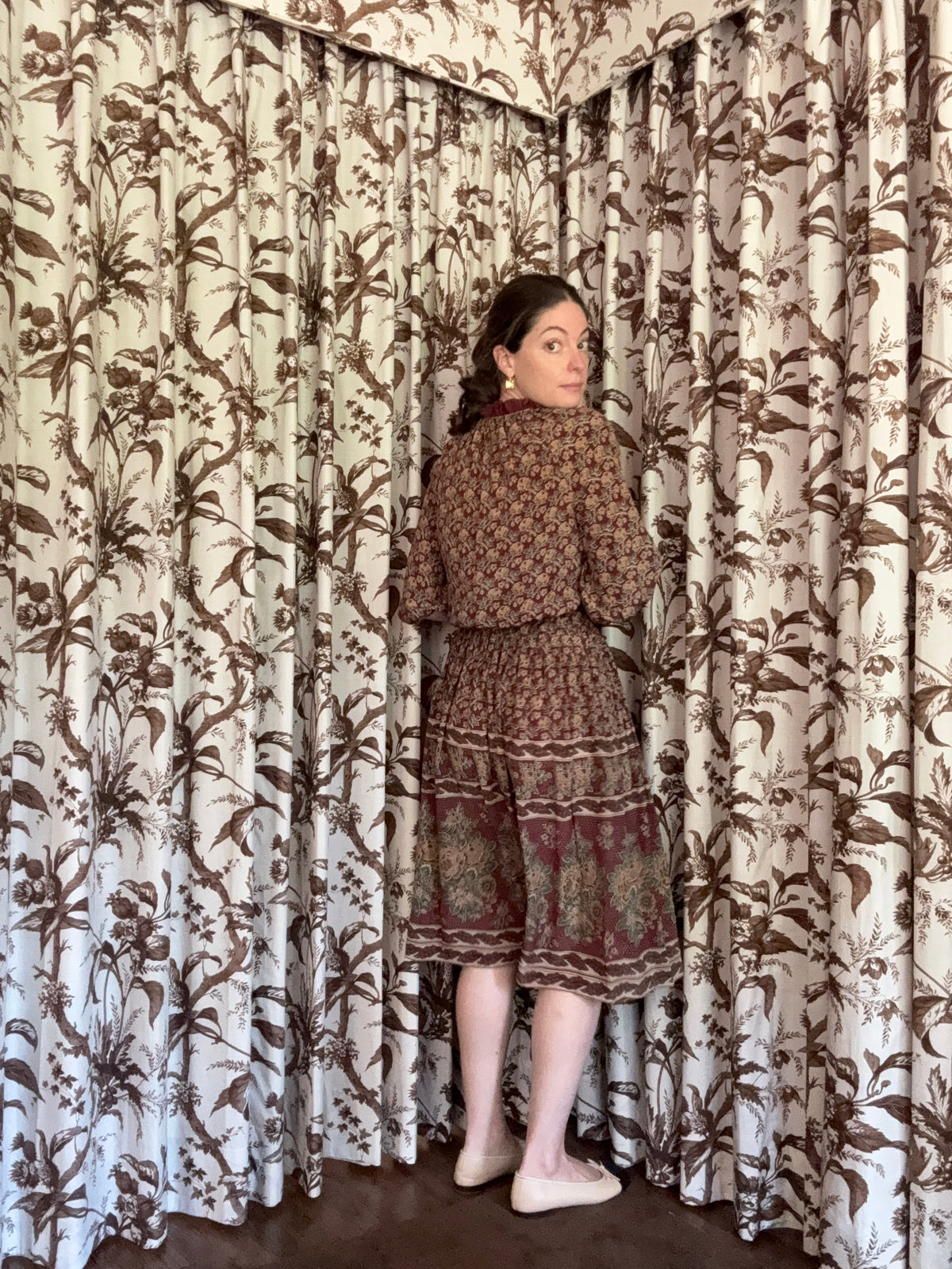 1970s Burgundy Floral Dress