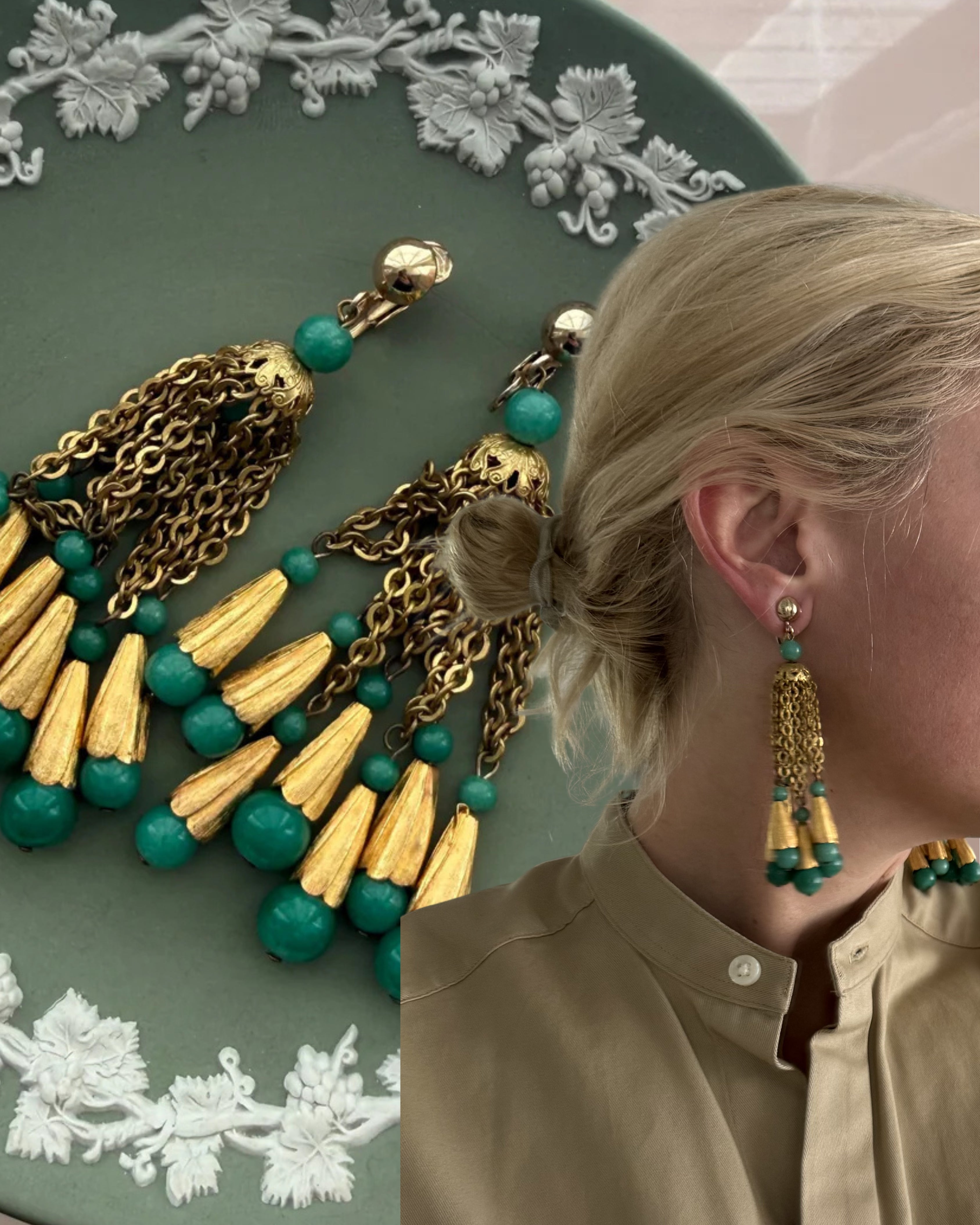 Mid-Late 20th-Century Jade and Gold Tassel Earrings